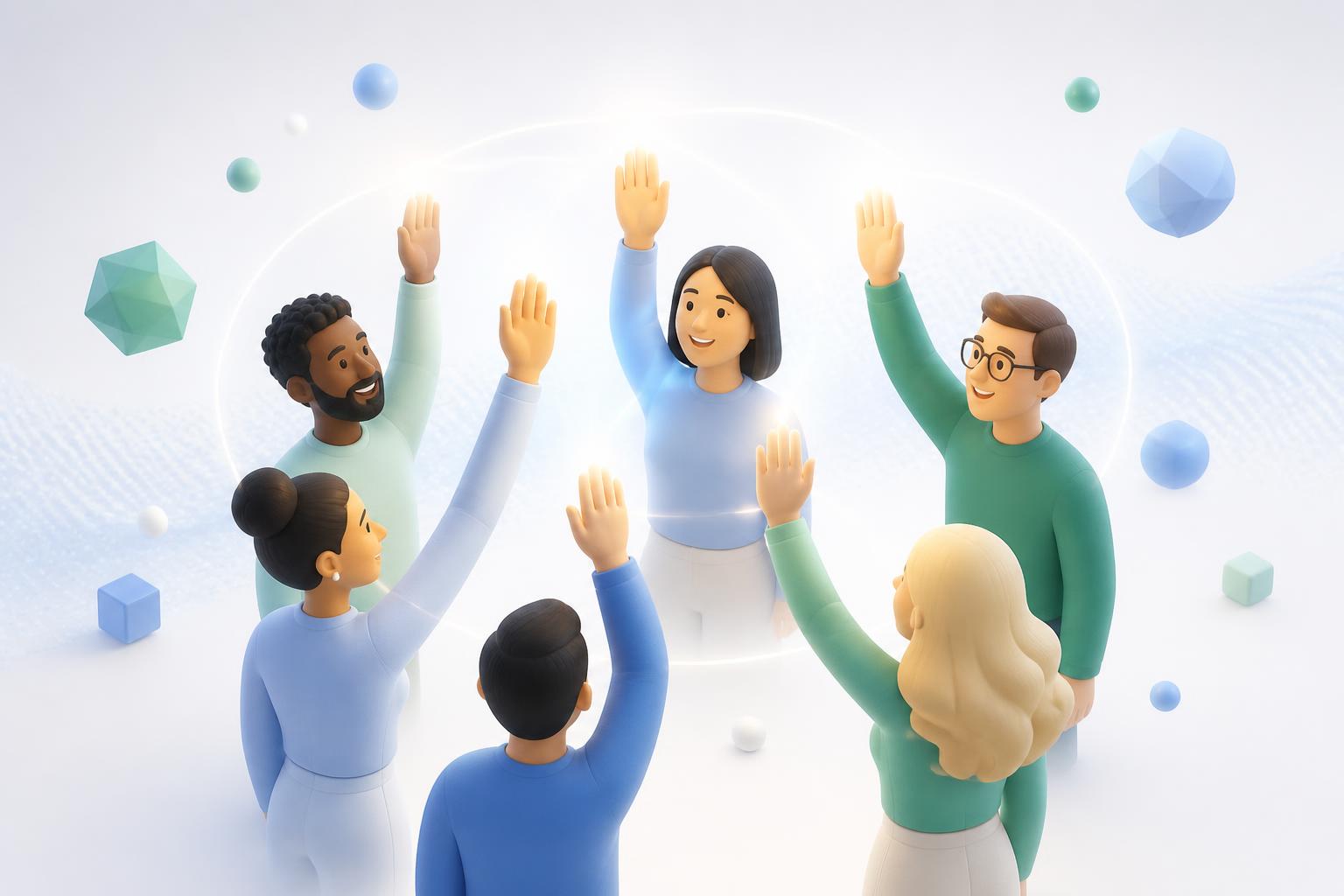 Diverse people raising hands to help